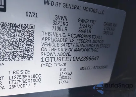 2021 GMC Sierra 1500 4Wd Short Box At4 from USA, damaged, VIN 1GTU9EET9MZ396647